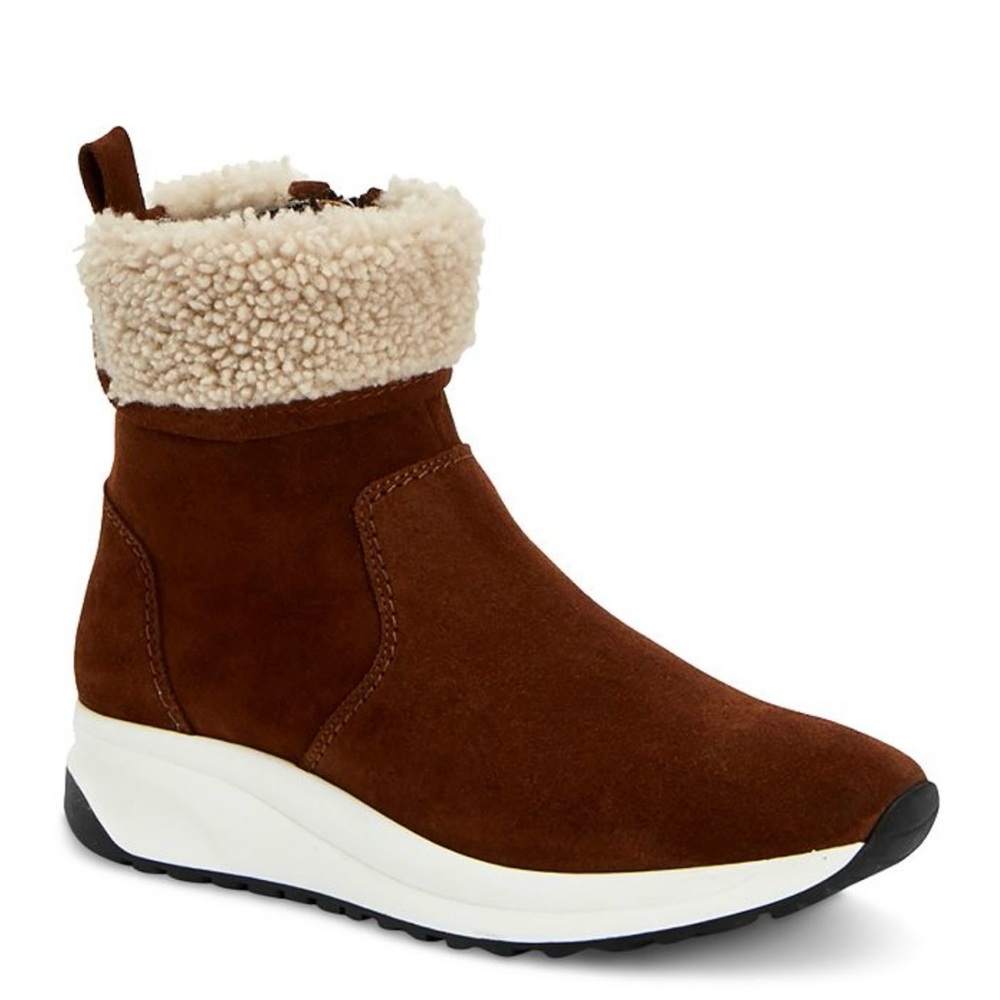 Aquatalia waterproof suede sneaker boots with shearling cuffs.